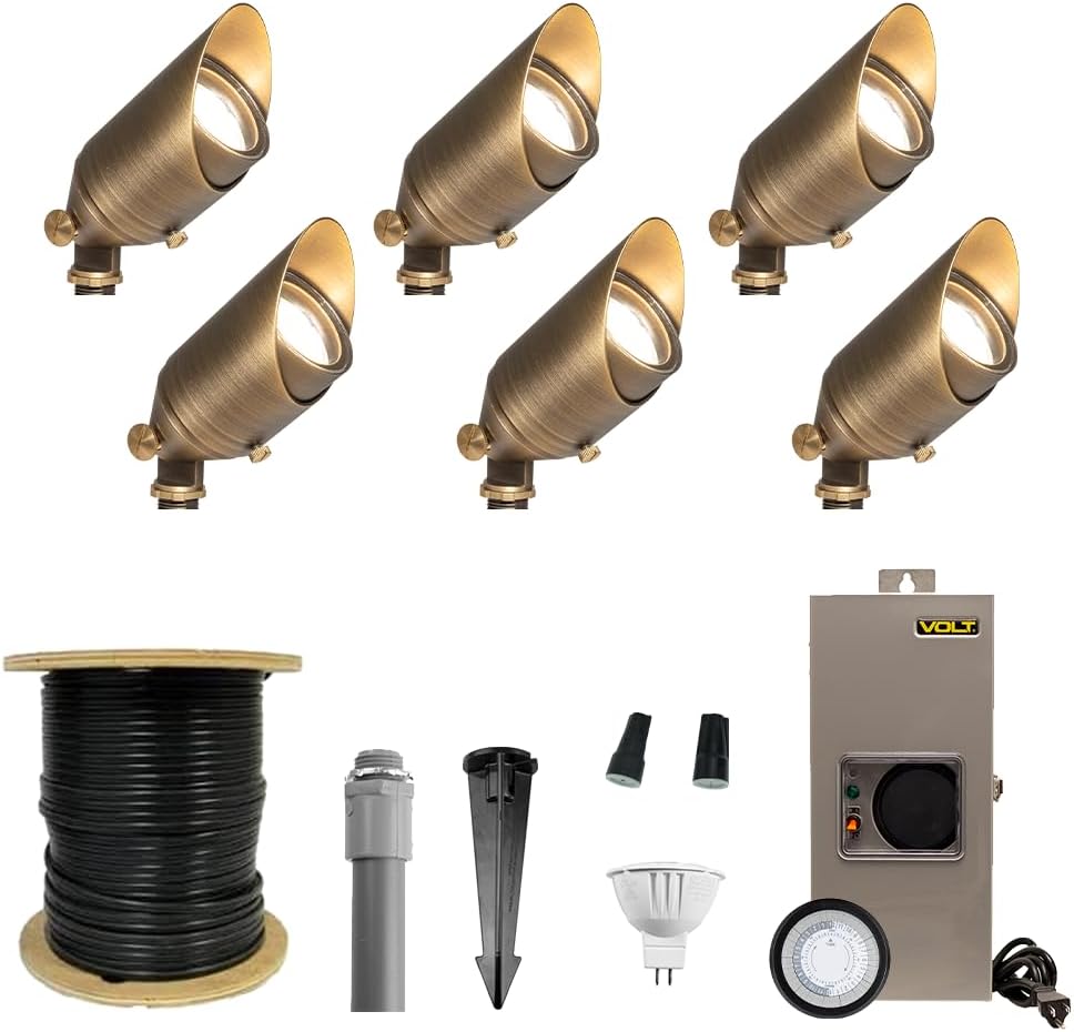 VOLT 12V Cast Brass Top Dog LED Outdoor Spotlight 6-Pack Kit with 150W Low Voltage Transformer for Landscape Lighting of Yard, Lawn, Garden, Patio, Trees & House