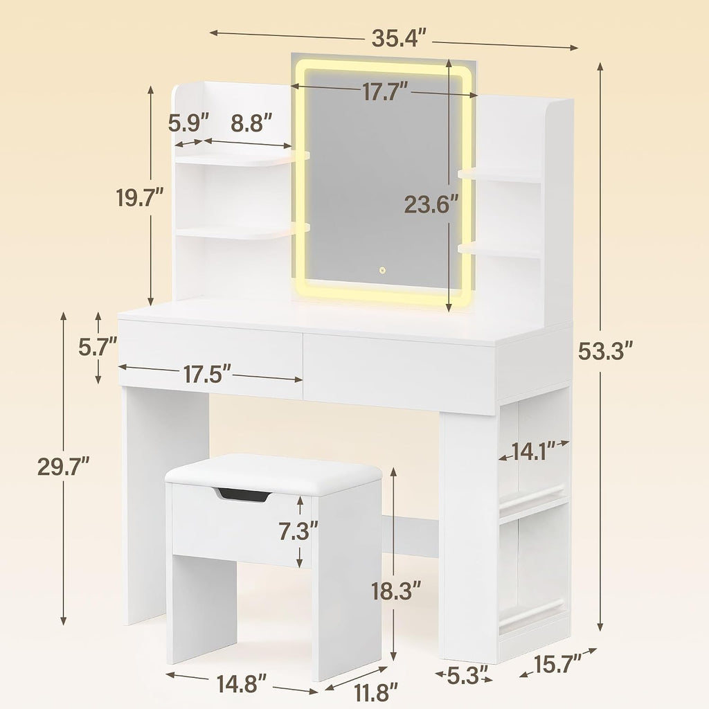 YESHOMY 35.4' Vanity Desk with LED Mirror and Lights,Makeup Vanity Set with 2 Storage Drawers, 2 Side Shelves, 1 Storage Bench and Open Storage Shelves, 3 Color Modes, for Bedroom, Classic White