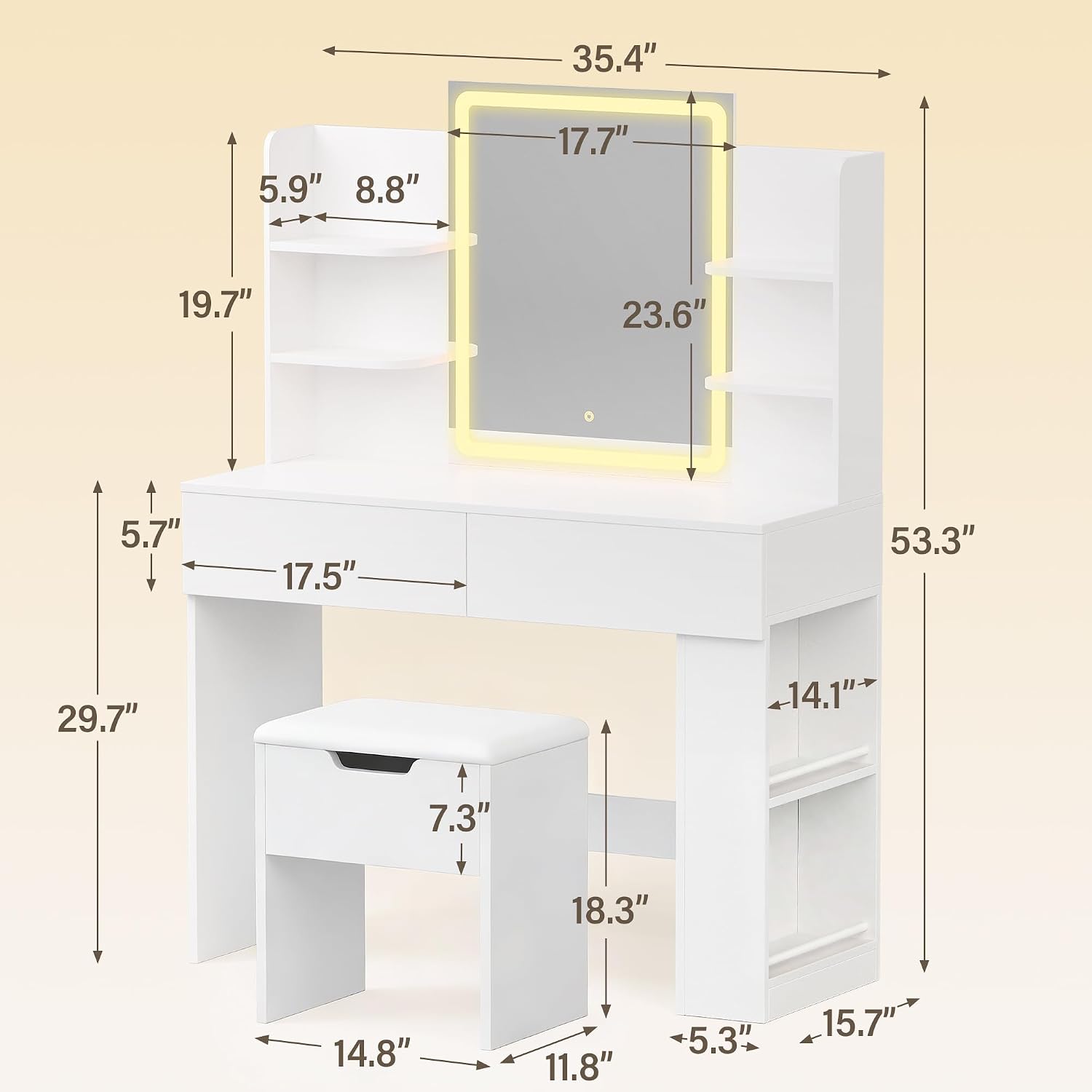 YESHOMY 35.4' Vanity Desk with LED Mirror and Lights,Makeup Vanity Set with 2 Storage Drawers, 2 Side Shelves, 1 Storage Bench and Open Storage Shelves, 3 Color Modes, for Bedroom, Classic White