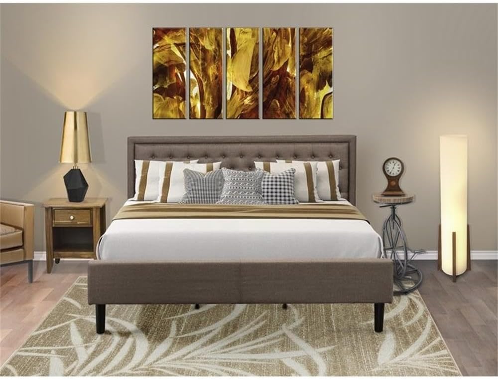 East West Furniture KD18K-1GA08 2 Piece King Bed Set - 1 King Size Platform Bed Frame Brown Linen Fabric Padded and Button Tufted Headboard with 1 Nightstand - Antique Walnut Finish Nightstand