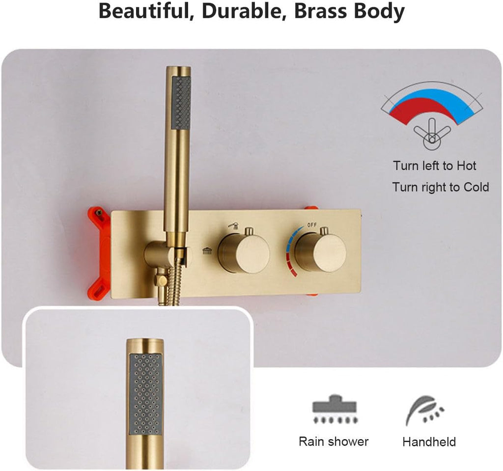 Shower System Concealed, 2 Functions Brushed Gold Shower Set, 8in/10in/12in Shower Faucet Set, 304 Stainless Steel Round Rotatable Shower Head, Brass Body, Self-Cleaning