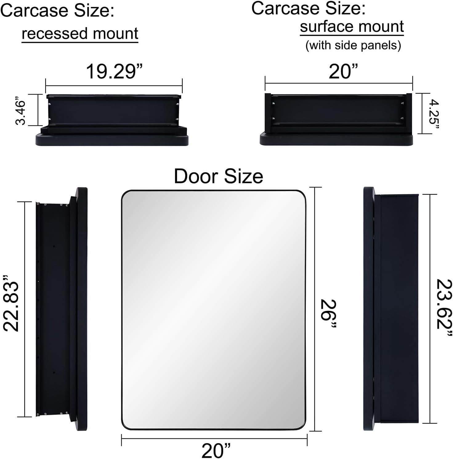 IDYLLOR Black Bathroom Mirror Medicine Cabinet with Round Corner Framed Door 20 x 26 inch, Recessed or Surface Mount, with Adjustable Glass Shelves
