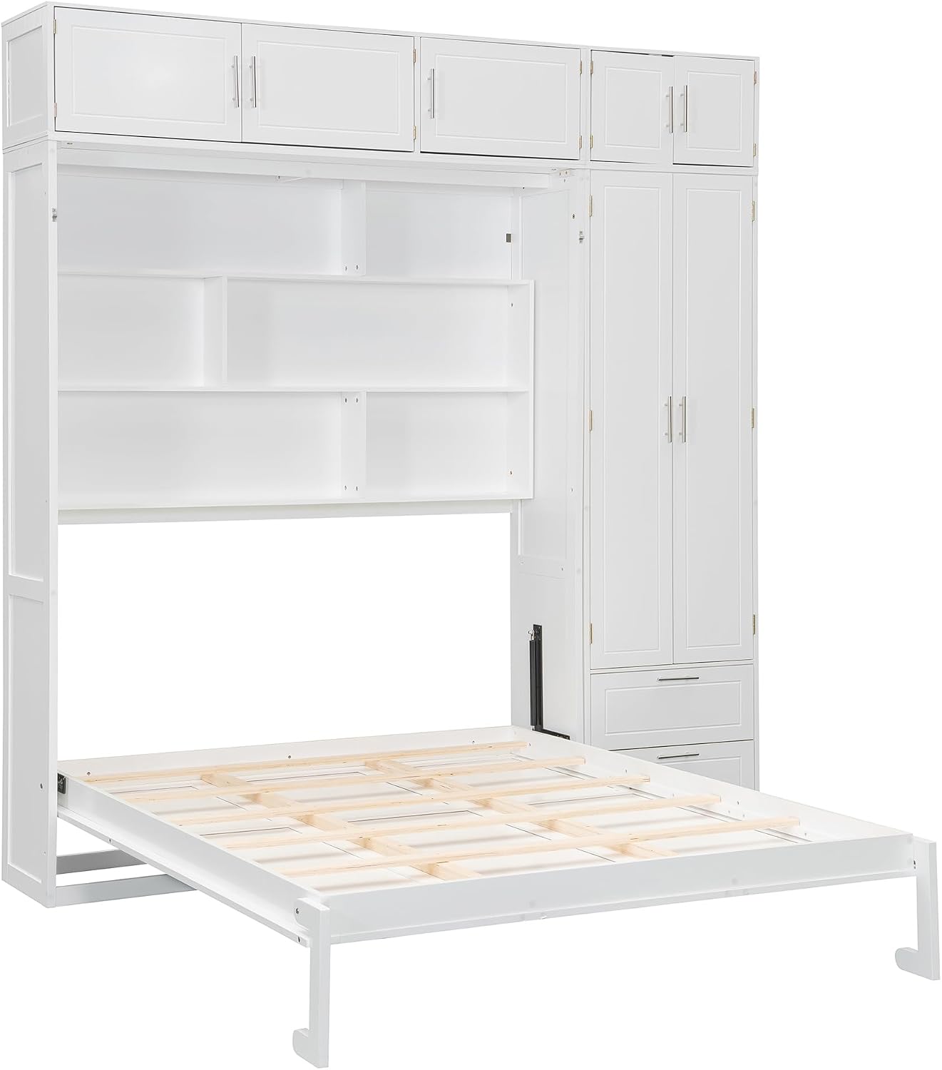 Merax Queen Size Murphy Bed with Shelves, Top Cabinet and Wardrobe, Fold into The Wall, Space-Saving Design Foldable Platform Bed Frame for Bedroom, Guest Room, Home Office, White