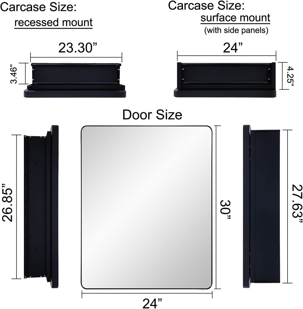 IDYLLOR Black Bathroom Mirror Medicine Cabinet with Round Corner Framed Door 24 x 30 inch, Recessed or Surface Mount, with Adjustable Glass Shelves