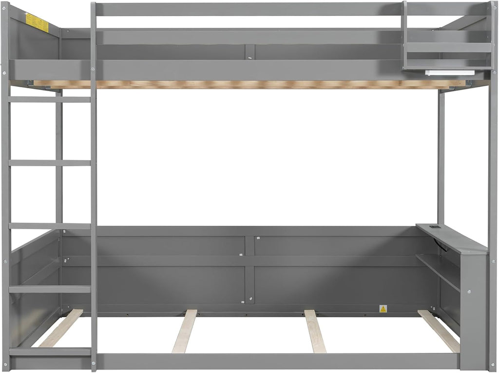 RUNNA Queen Size Wooden Bunk Bed with Built-in Shelves,Storage Box,LED Light and USB Charging Station,No Box Spring Needed (Grey/USB1)