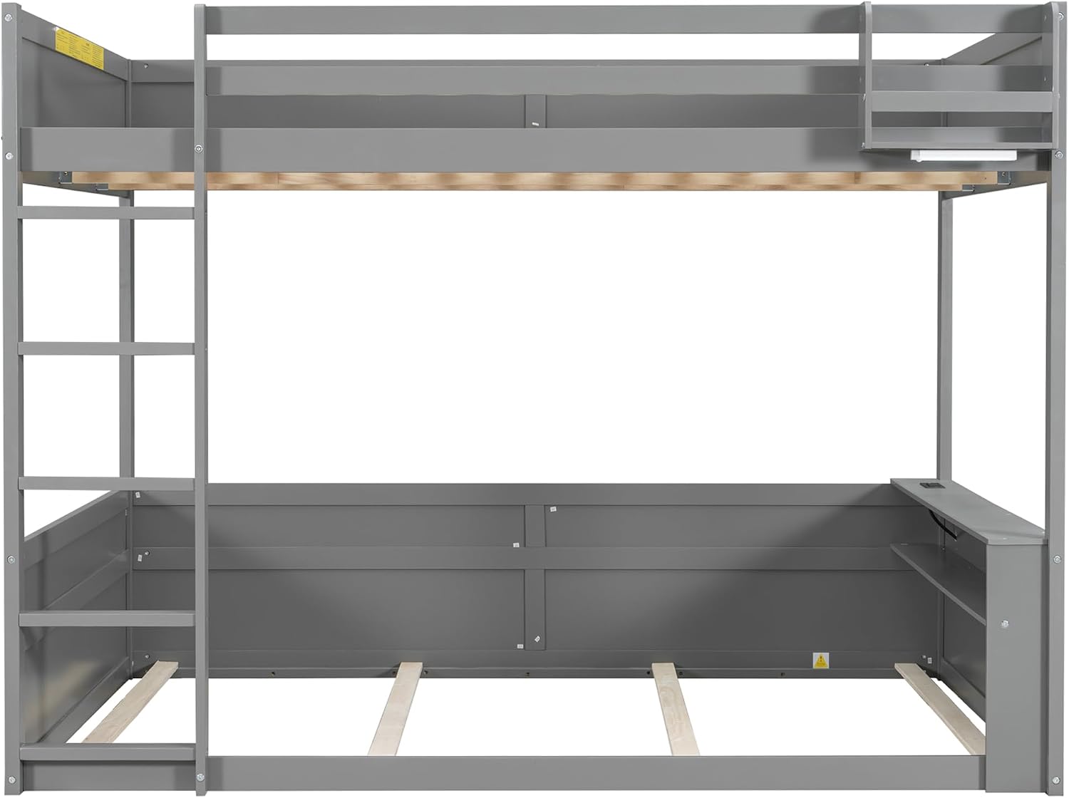 RUNNA Queen Size Wooden Bunk Bed with Built-in Shelves,Storage Box,LED Light and USB Charging Station,No Box Spring Needed (Grey/USB1)