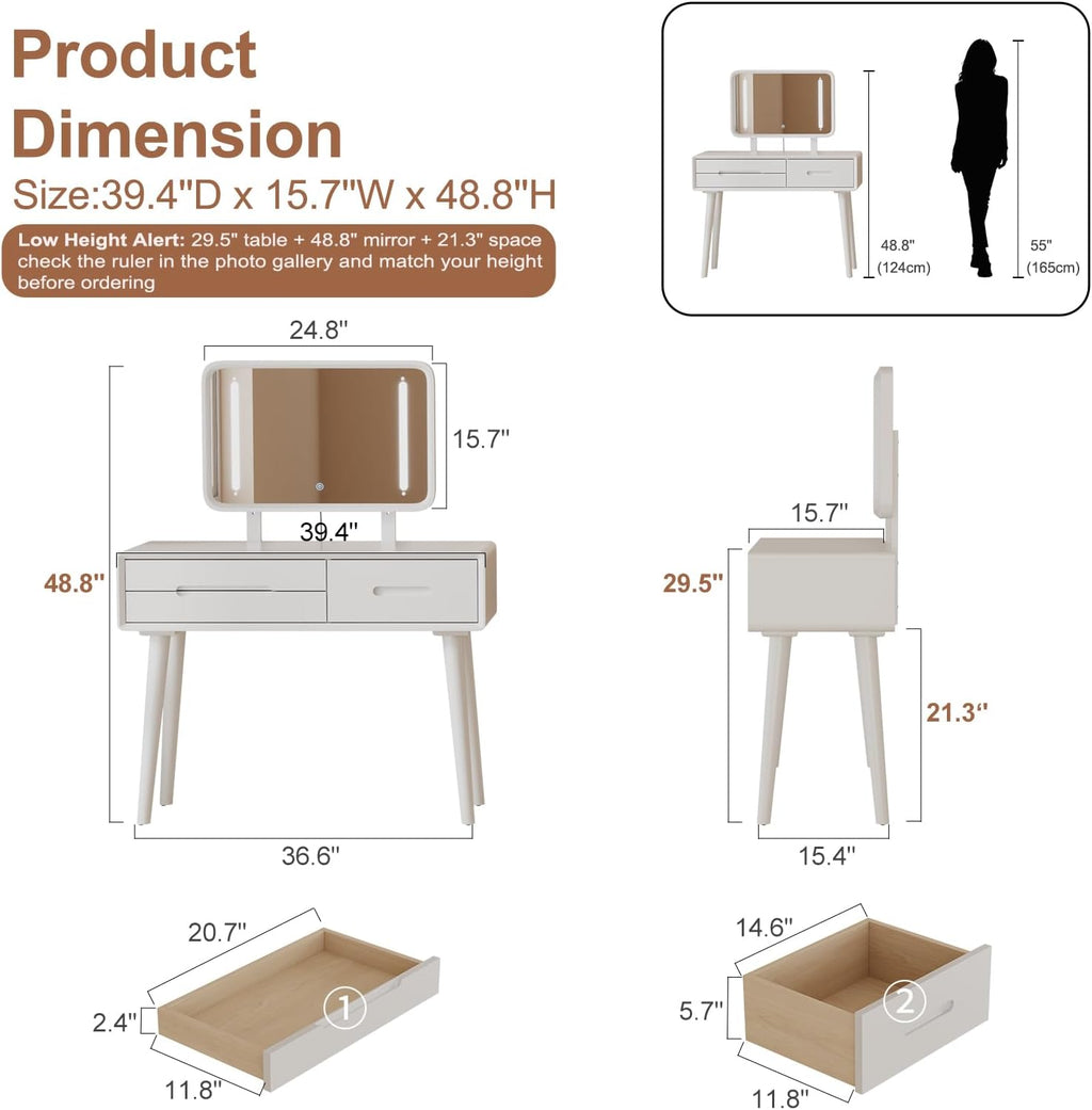 Solid Wood Vanity with Mirror and Lights, Adjustable Brightness, Wood Makeup Vanity with 3 Drawers, Semi-Assembled, Vanity Desk for Bedroom (White)