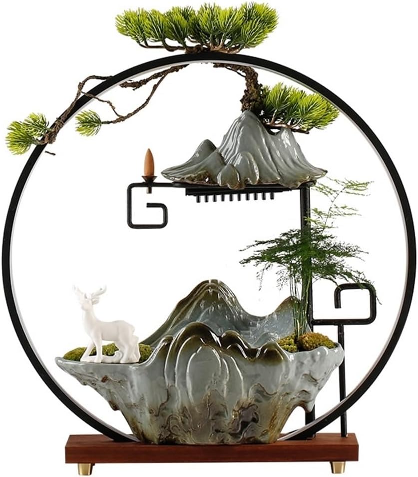 Tabletop Fountain Chinese Ceramic Waterfall Fountain Indoor with LED Light Ring and Backflow Incense Burner Holder