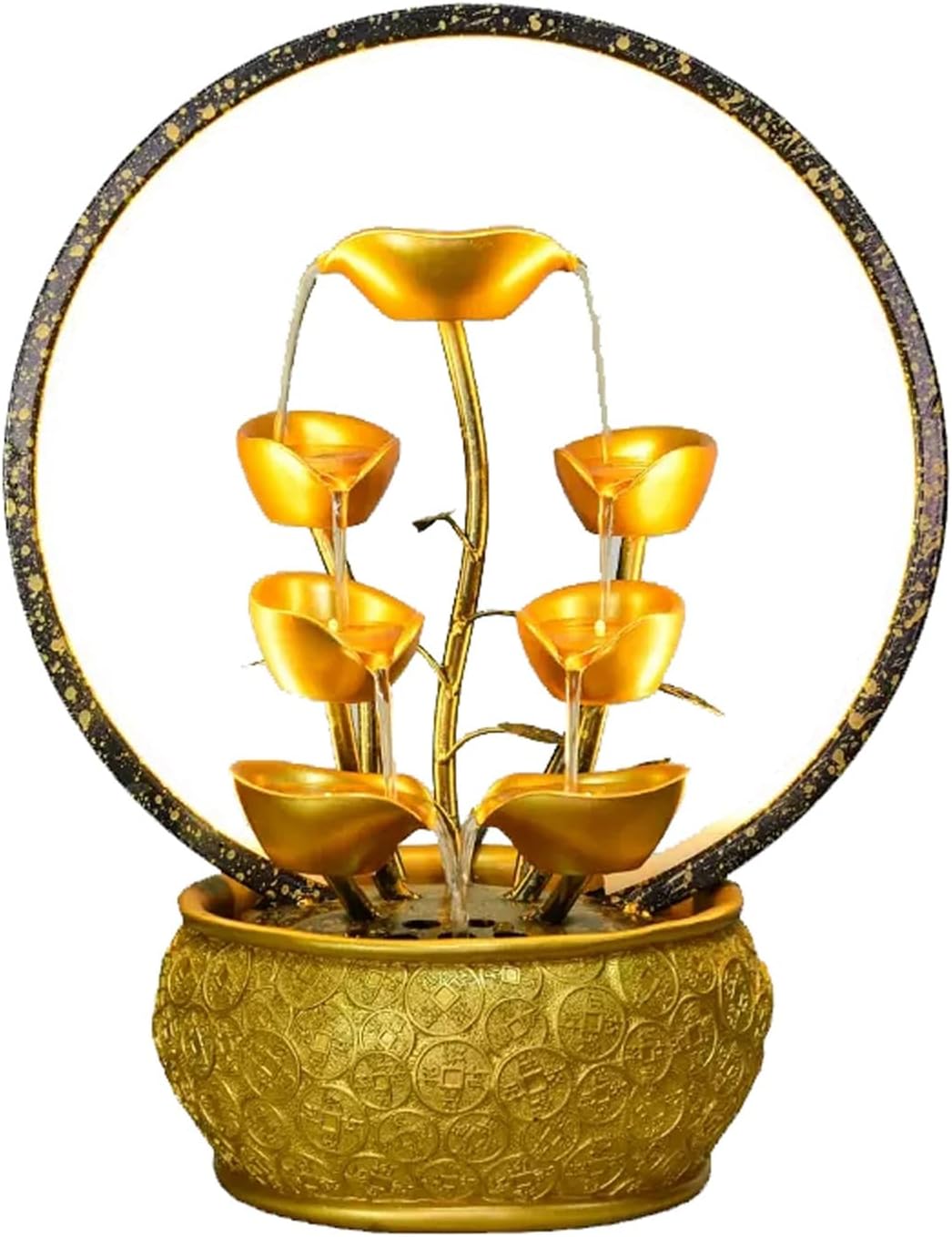 Desktop Fountain Indoor Fountain Tabletop Waterfall Fountains Relaxation Water Feature Feng Shui Good Luck Wealth Desktop with Light Home and Office Decor, Gold(Small)