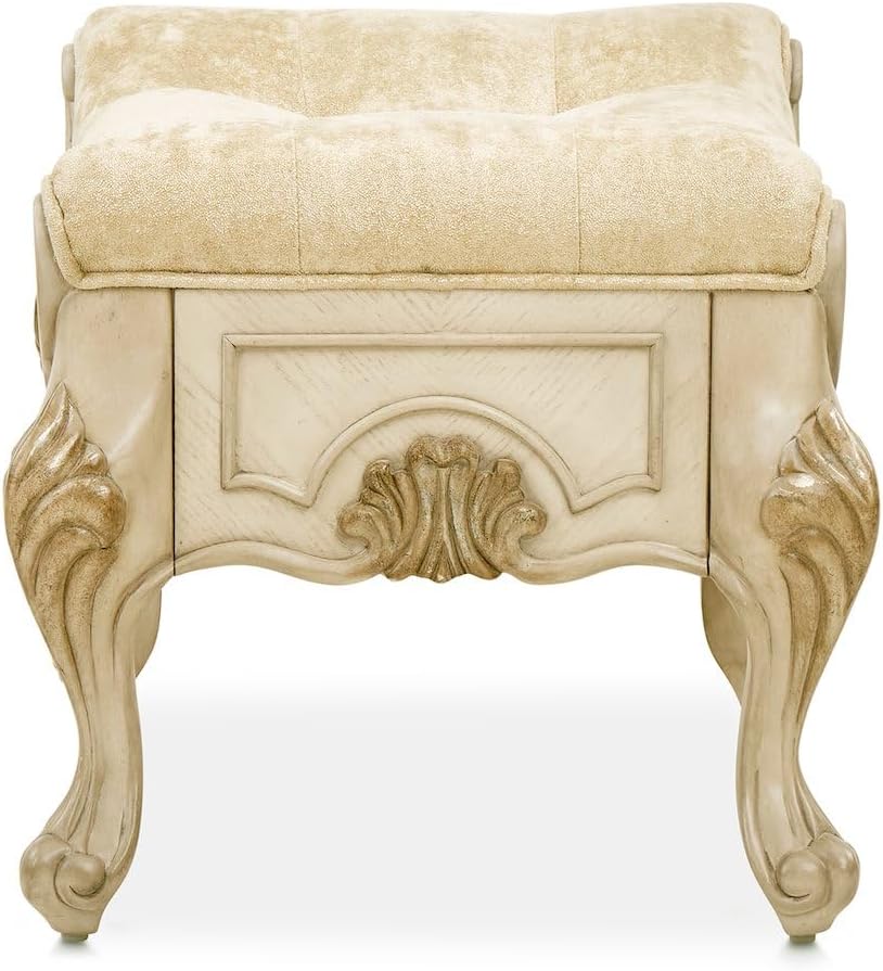 Michael Amini Platine de Royale Beige Champagne Vanity Bench Solid Rubberwood Frame Velvet Upholstery Comfortable Seating Elegant Design Durable Construction for Bedroom or Dressing Room