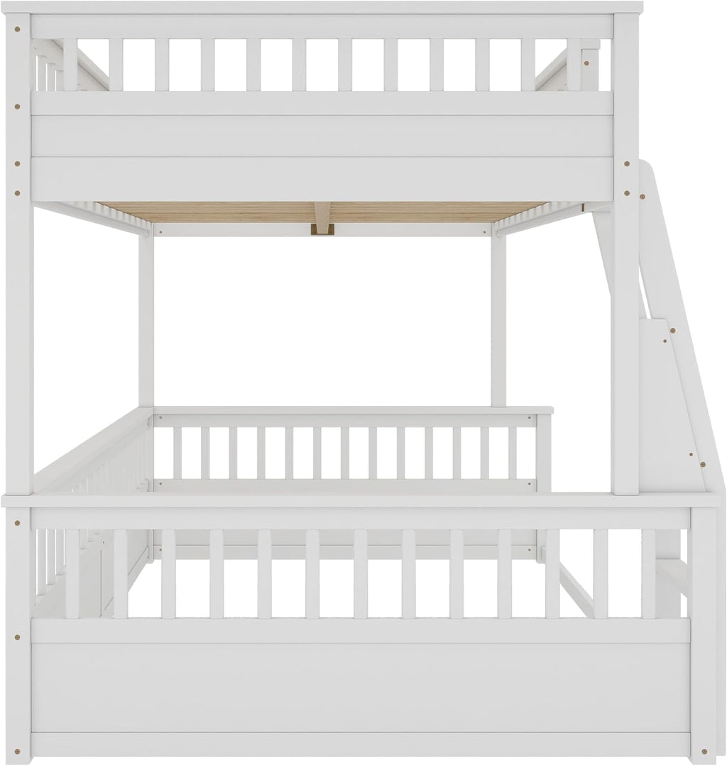 RUNNA Rustic Solid Wood Bunk Bed for Kids Teens with Ladder and Guardrails, Detachable Split Design,No Box Spring Needed (Off White, Full XL Over Queen)