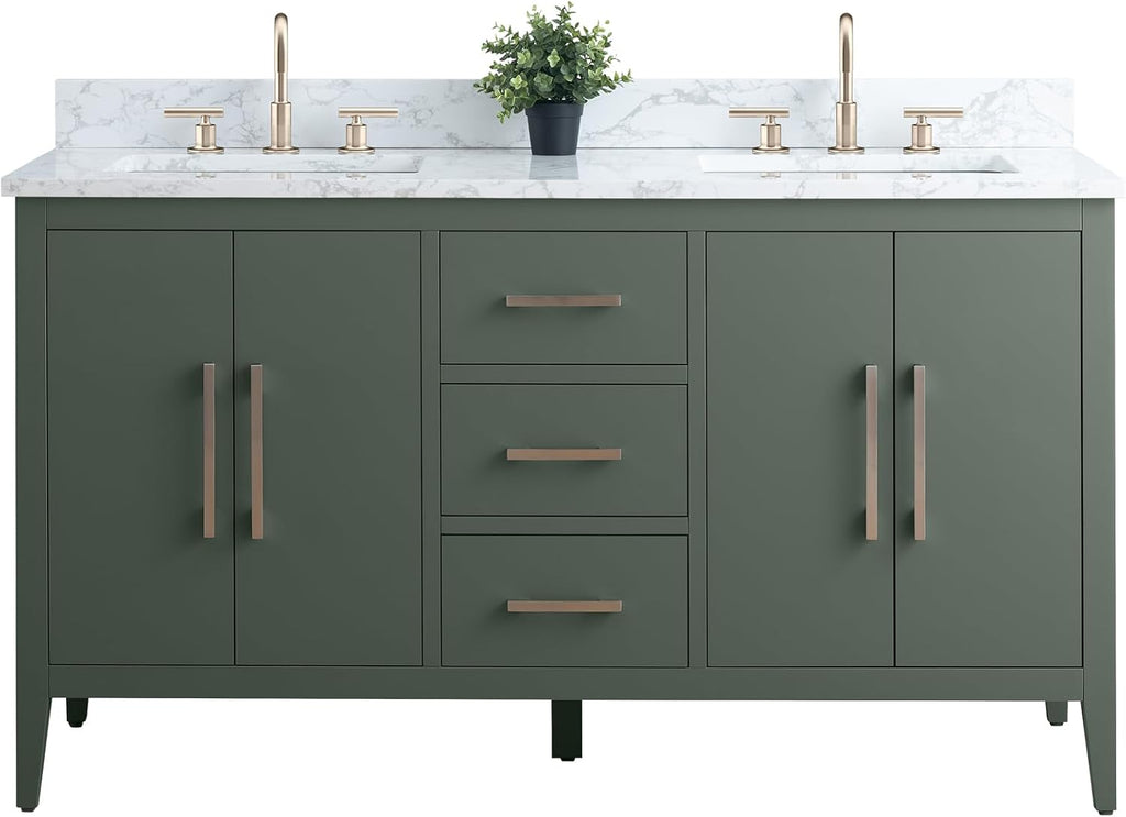 Vanity Art 60 inch Bathroom Vanity with Double Sink & Ceramic Top, Vanity Cabinet with Soft-Closing Doors, Drawers, Solid Wood Frame, Vintage Green, VA9060-DVG-BN1