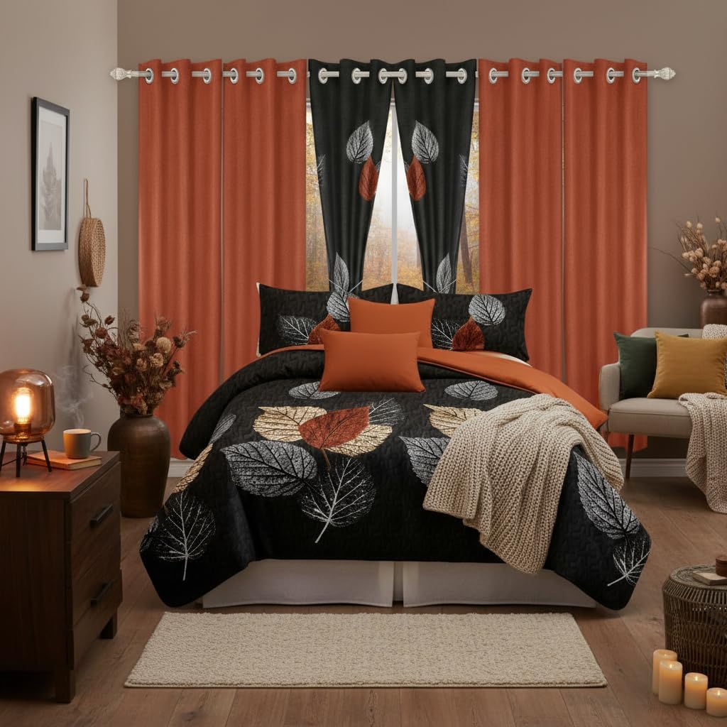 Elegance 9-Piece Leaves Queen Light Comforter Set, Luxury Bed in a Bag Queen Bedspread with Matching Curtains Ultra Soft & Breathable Black Brown Floral Bedding, All-Season Decor for Master Suite