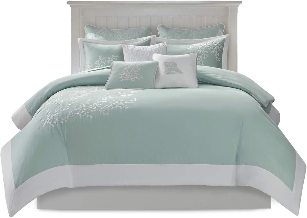 Harbor House 100% Cotton Duvet Cover, Jacquard Coastal Coral Duvet Cover Set – Light Weight Bed Comforter Covers, Coastline Blue Full/Queen (90'x90') 3 Piece