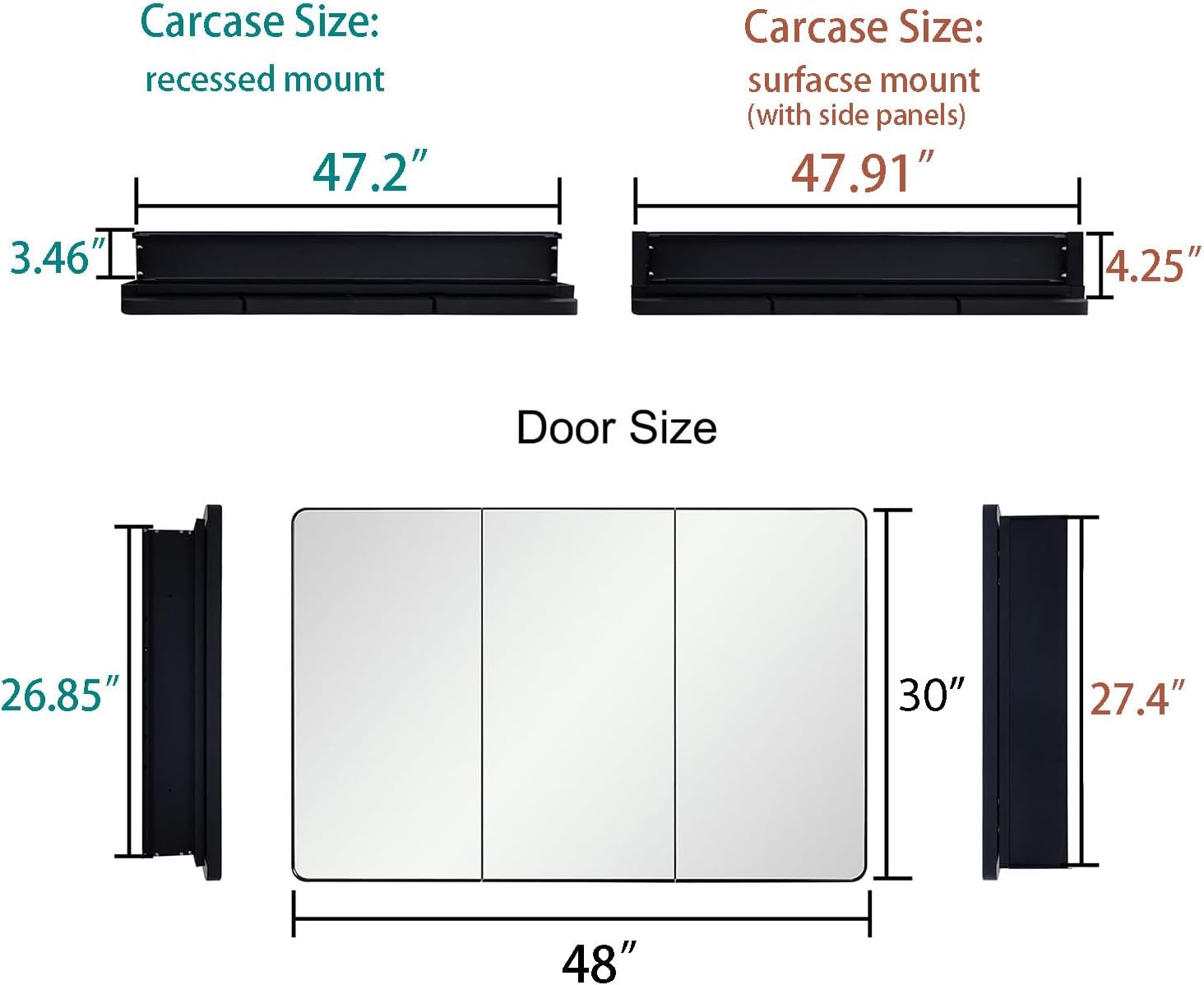 IDYLLOR Bathroom Mirror Medicine Cabinet with Round Corner Framed Door 48 x 30 inch, Black，Recessed or Surface Mount, with Adjustable Glass Shelves