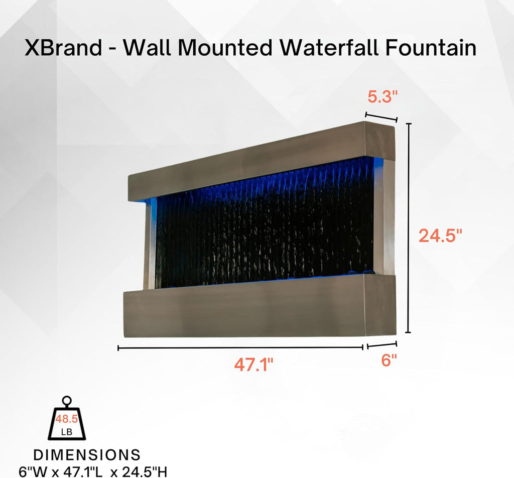 XBrand 47' Indoor Wall-Mounted Waterfall Mirror Fountain with LED Lighting, Silver Metal Décor, and Rock Base – Modern Relaxing Water Feature for Home