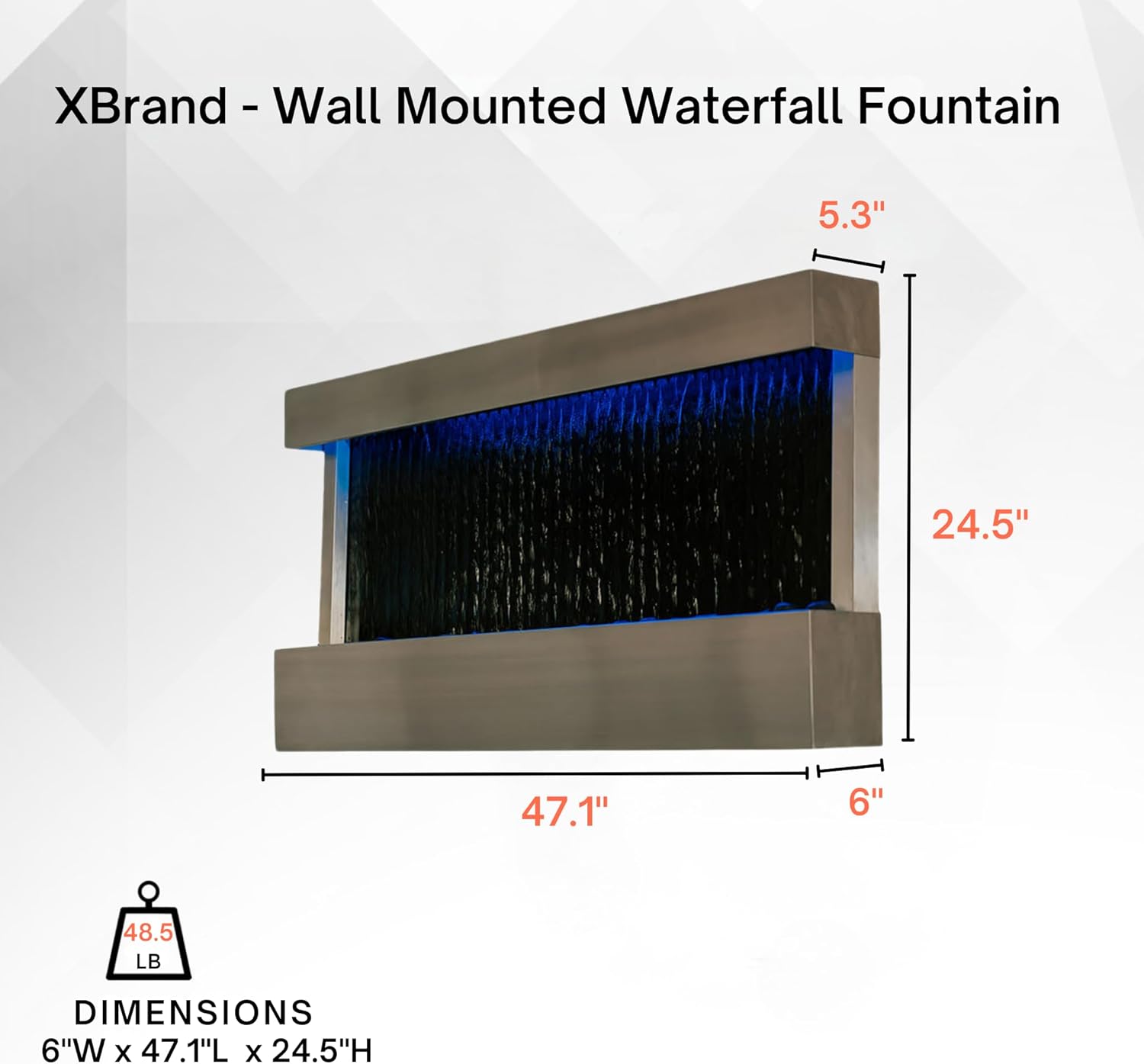 XBrand 47' Indoor Wall-Mounted Waterfall Mirror Fountain with LED Lighting, Silver Metal Décor, and Rock Base – Modern Relaxing Water Feature for Home