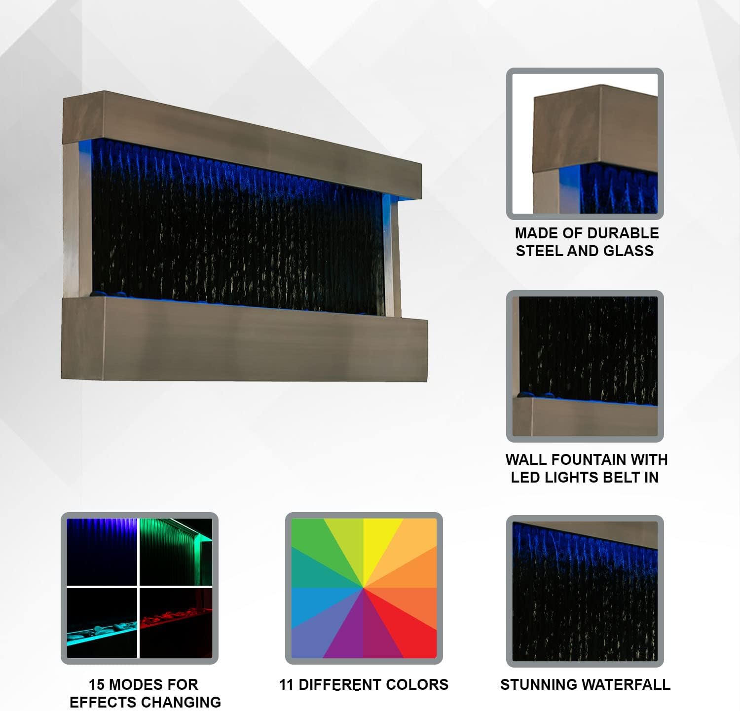 XBrand 47' Indoor Wall-Mounted Waterfall Mirror Fountain with LED Lighting, Silver Metal Décor, and Rock Base – Modern Relaxing Water Feature for Home