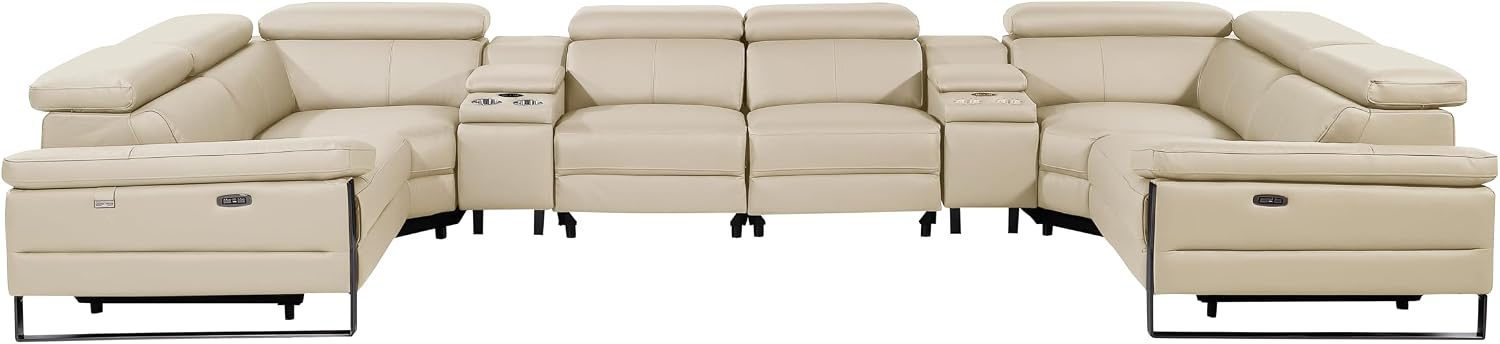 BlackJack Furniture Antonio 8 Piece U Shaped Power Reclining Sectional Sofa, Modular Couch with Top Grain Italian Leather, 4 Electric Recliners, USB & Wireless Chargers, Storage Console, Beige