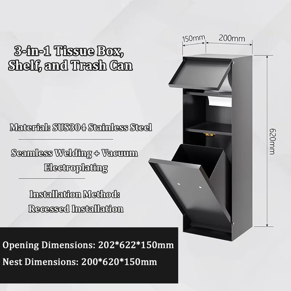 Shower Niche with Built-in Trash Can, Stainless Steel Bathroom Storage Rack, Built-in Bathroom Niche, Wall-Mounted Trash Can Cabinet, Multi-Functional Toilet Paper Holder,Black