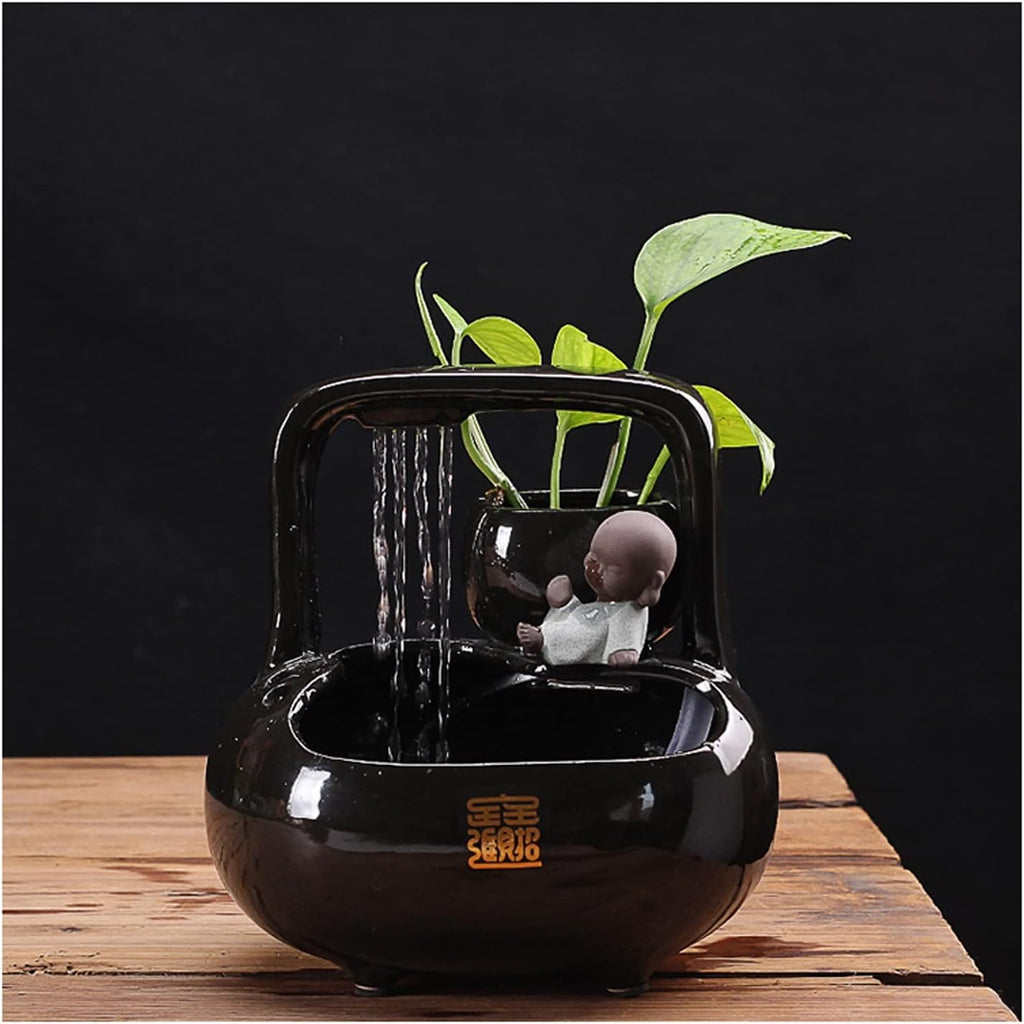 Desktop Fountain Ndoor Zen Ceramic Fountain Tabletop Bright Black Waterfall Water for Office Home Decoration