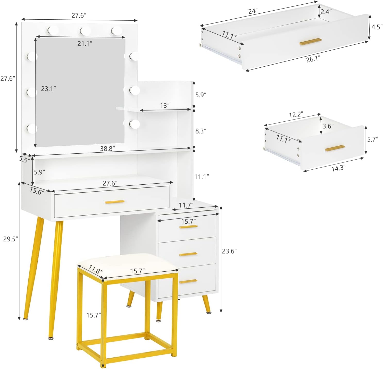 VINGLI Vanity Set with Lighted Mirror，Makeup Vanity Table Set with 9 LED Lighting Bulbs, Storage Shelf & Drawers and Stool for Women & Girls, Modern Dressing Table for Bedroom, White & Gold