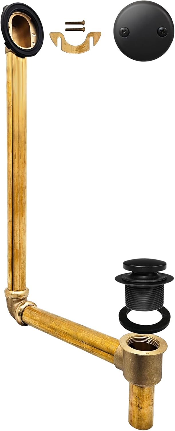 Westbrass 7931817-DC-62 22' Direct Connect 17 Gauge Brass Waste and Overflow with Tip-Toe Drain Trim, Matte Black