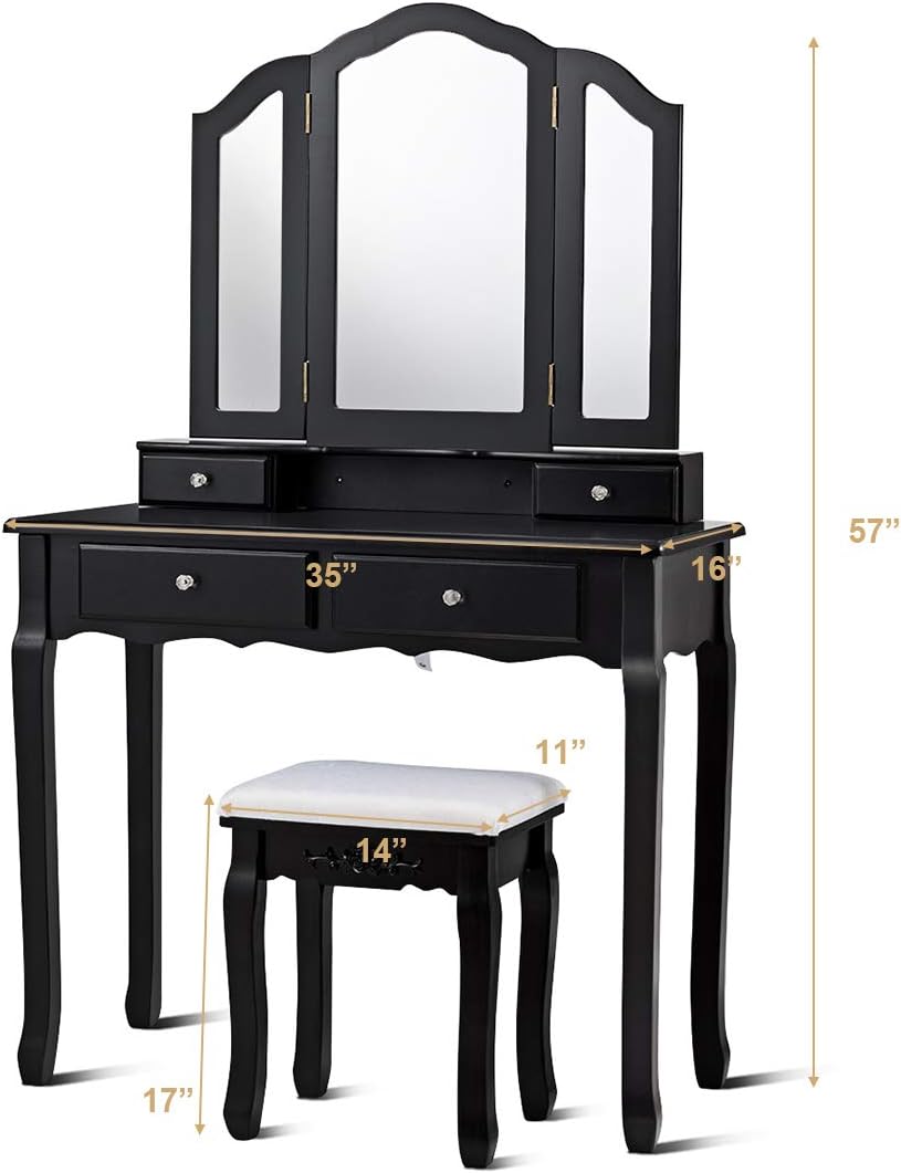 Giantex Vanity Set with Tri-Folding Mirror and 4 Drawers, Makeup Dressing Table with Cushioned Stool for Girls Women, Modern Bedroom Bathroom Makeup Table with Stool (Black)