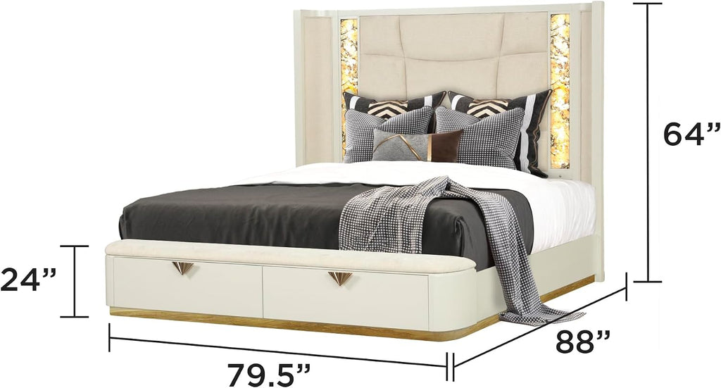 Modern Style 5 Pc King Upholstered Bedroom Set Made with Wood and Gold Accents in Beige