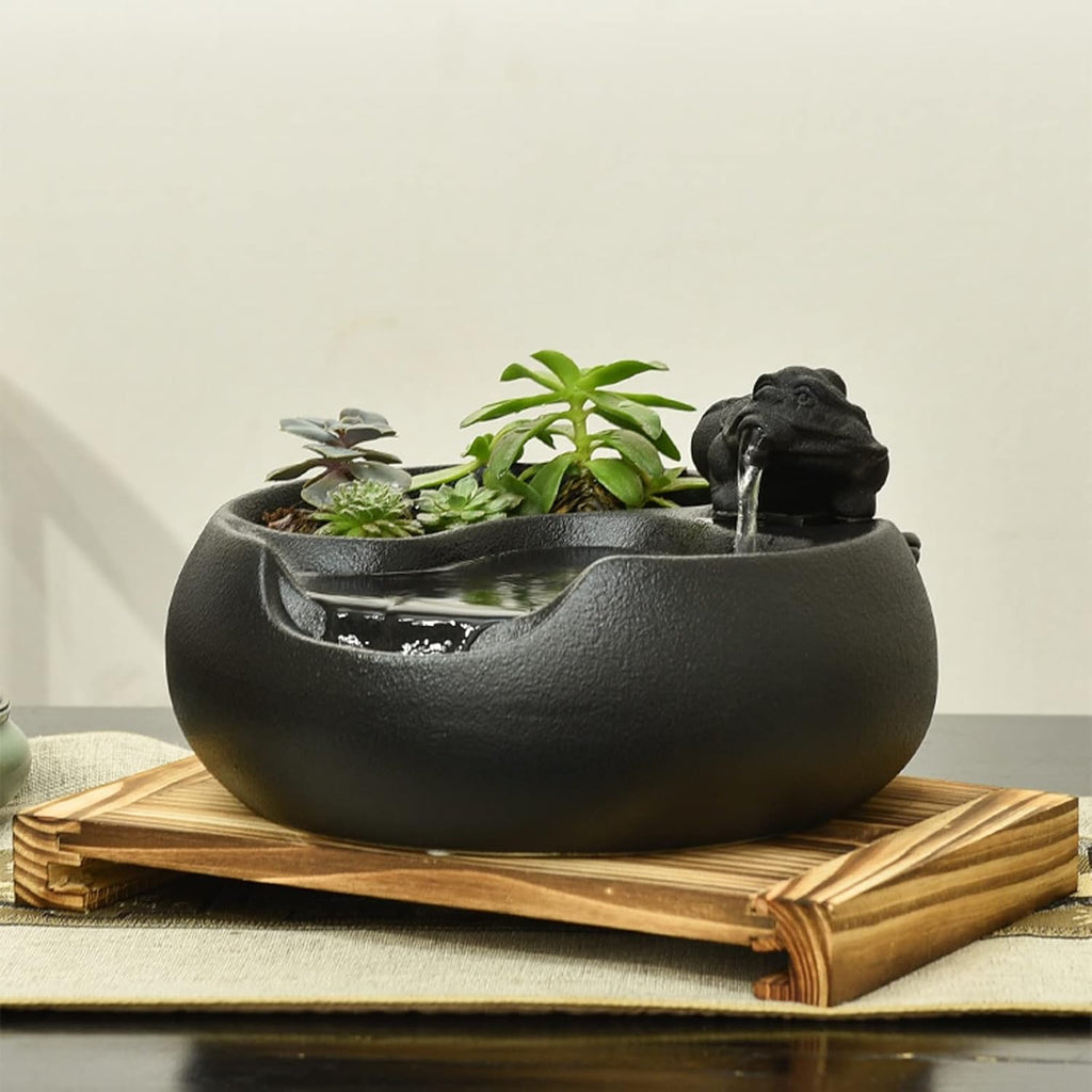 Tabletop Fountain Waterfall Ceramic Tabletop Fountain for Indoor and Outdoor Table Desk Office Patio Black Ceramic Fountain with Pumps and Wooden Base Indoor Waterfall Desktop Fountain (Color : B)