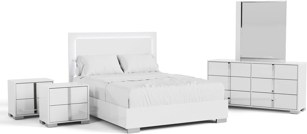 Furniture of America Alistair Modern Wood 5-Piece Bedroom Collection with Bed Frame, 2-Drawer Nightstands and 6-Drawer Dresser with Mirror, Box Spring Required,White, Queen