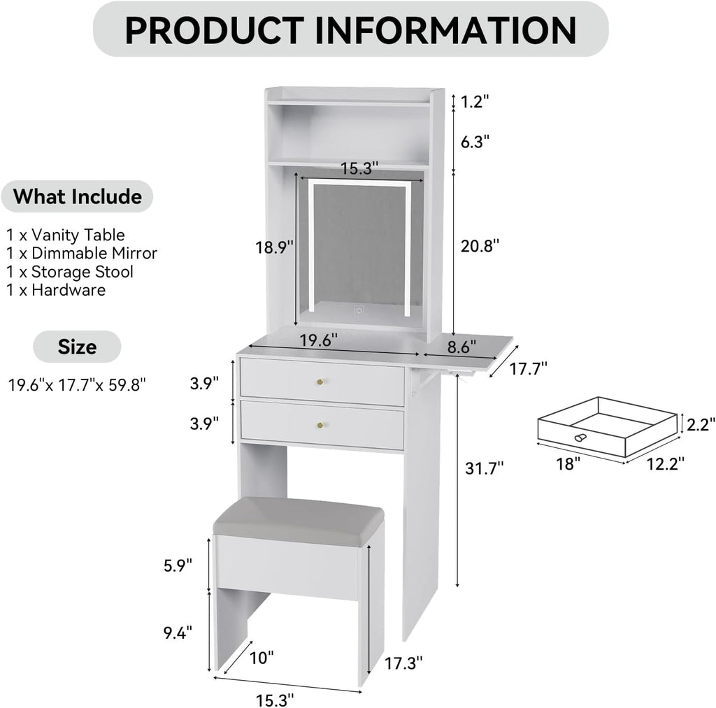 ARTETHYS Small Vanity Desk Set with 3 Adjustable Lighted Mirror and Storage Chair Mini Makeup Vanities Set for Compact Space White Dressing Table with Fold-up Panel for Bedroom