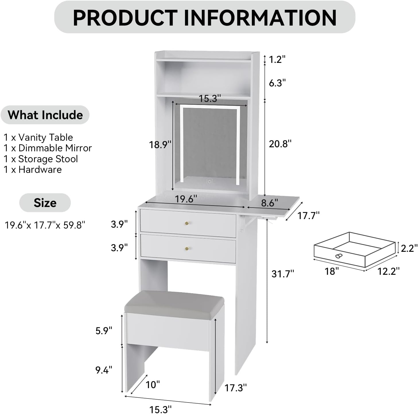 ARTETHYS Small Vanity Desk Set with 3 Adjustable Lighted Mirror and Storage Chair Mini Makeup Vanities Set for Compact Space White Dressing Table with Fold-up Panel for Bedroom