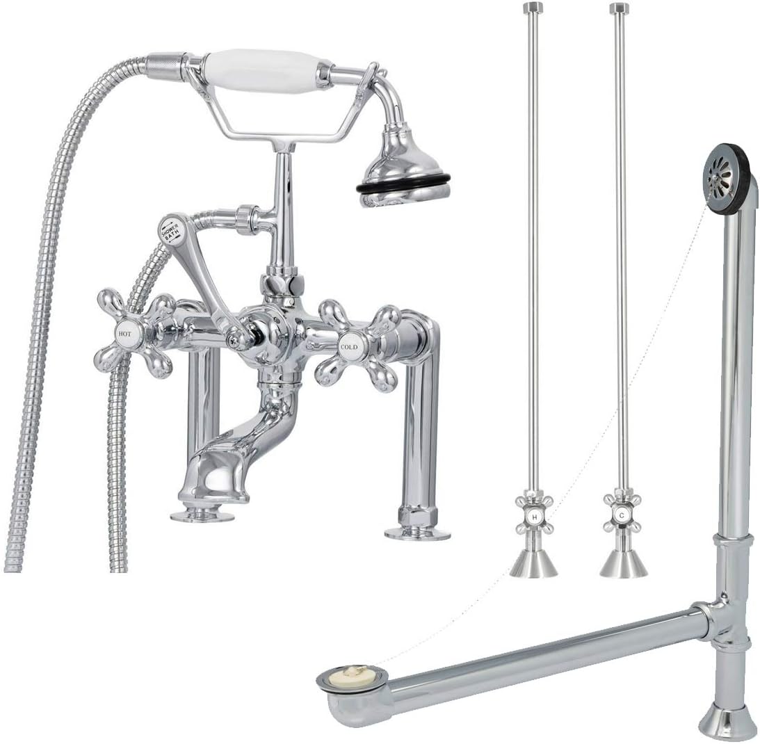 Vintage Tub & Bath Clawfoot Tub Rim Mount English Telephone Faucet with Handshower - Drain and Supply Lines Complete Set