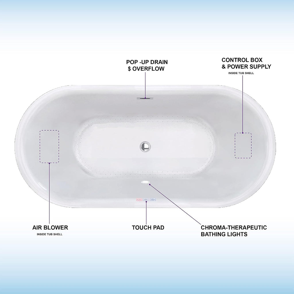 WOODBRIDGE 67' Air Bubble Acrylic Freestanding Bathtub Contemporary Soaking Tub, White Acrylic wirh Matte Black Drain and Overflow,B0101-MB