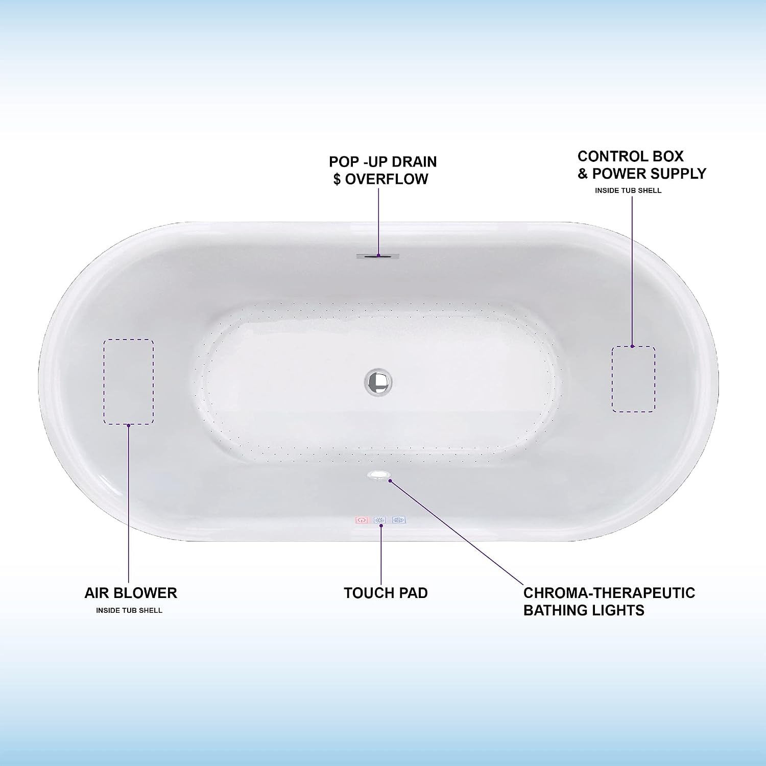 WOODBRIDGE 67' Air Bubble Acrylic Freestanding Bathtub Contemporary Soaking Tub, White Acrylic wirh Oil Rubbed Bronze Drain and Overflow,B0101-ORB