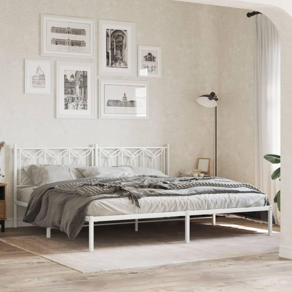 White Steel King Bed Frame with Headboard 76'x79.9' Platform Bed Frame with Metal Slats and Underbed Storage Space for Bedroom Furniture