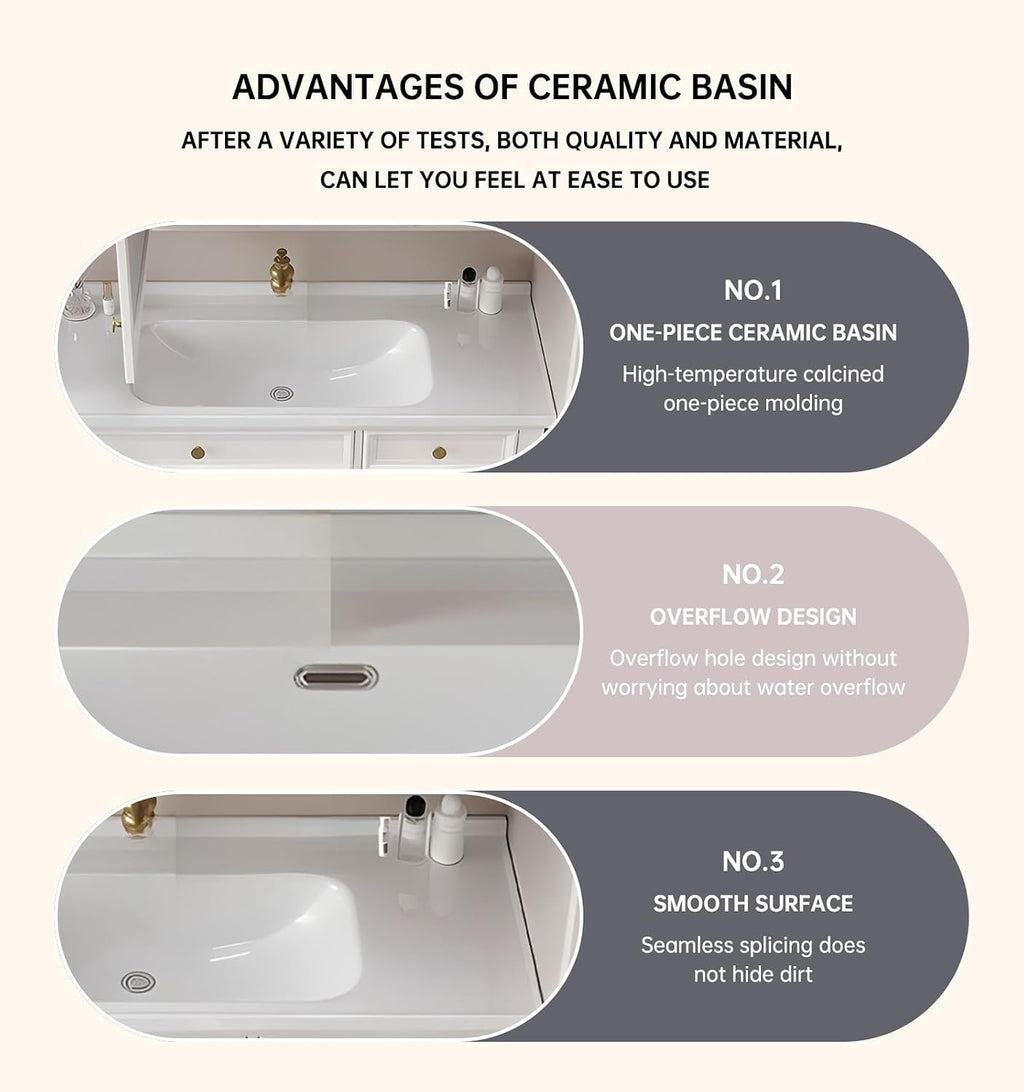 36' Freestanding Bathroom Vanity With Sink,Pure White Ceramic Countertops & Open Mirror Cabinet,2 Soft Closing Doors and 4 dovetail Drawers Bathroom Cabinet/Simple and Light Luxury Style,White