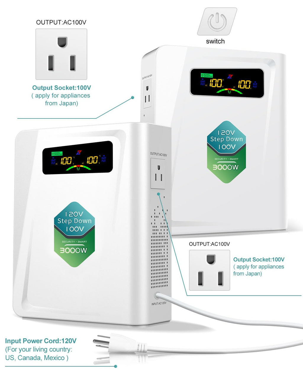 ZHENGXI Step Down Transformer 120v to 100v Voltage Converter 3000W, No Noise, Ten Protection Functions, Using Japan Appliances in US