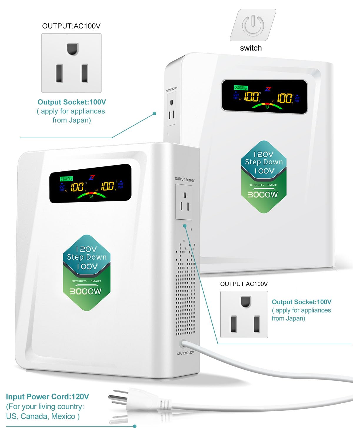 ZHENGXI Step Down Transformer 120v to 100v Voltage Converter 3000W, No Noise, Ten Protection Functions, Using Japan Appliances in US