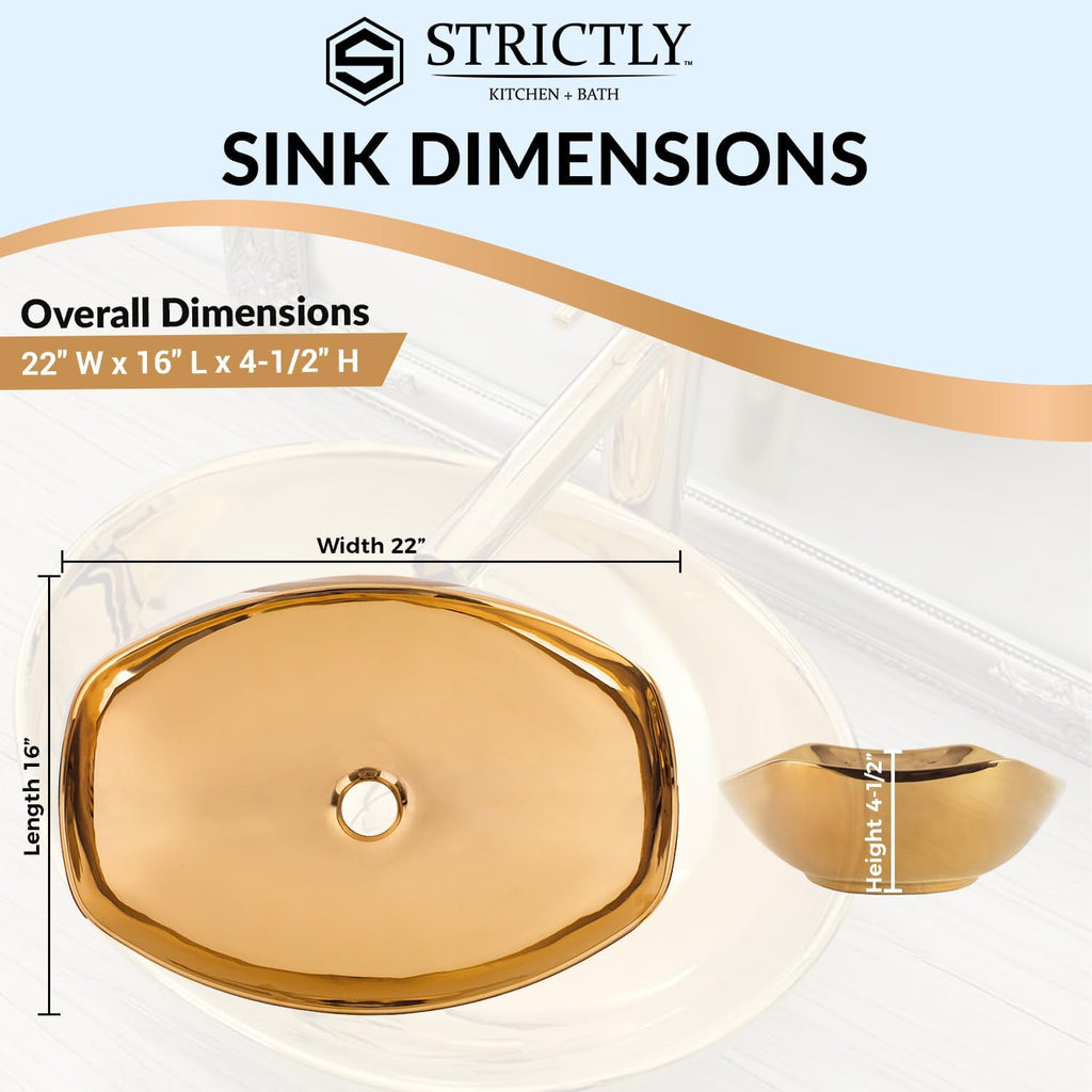 Strictly Sinks 22 Inch Gold Vessel Sink – Gold Glossy Ceramic Countertop Bathroom Sink – Easy to Install Above Counter Luxurious Vessel Sink for Bathroom