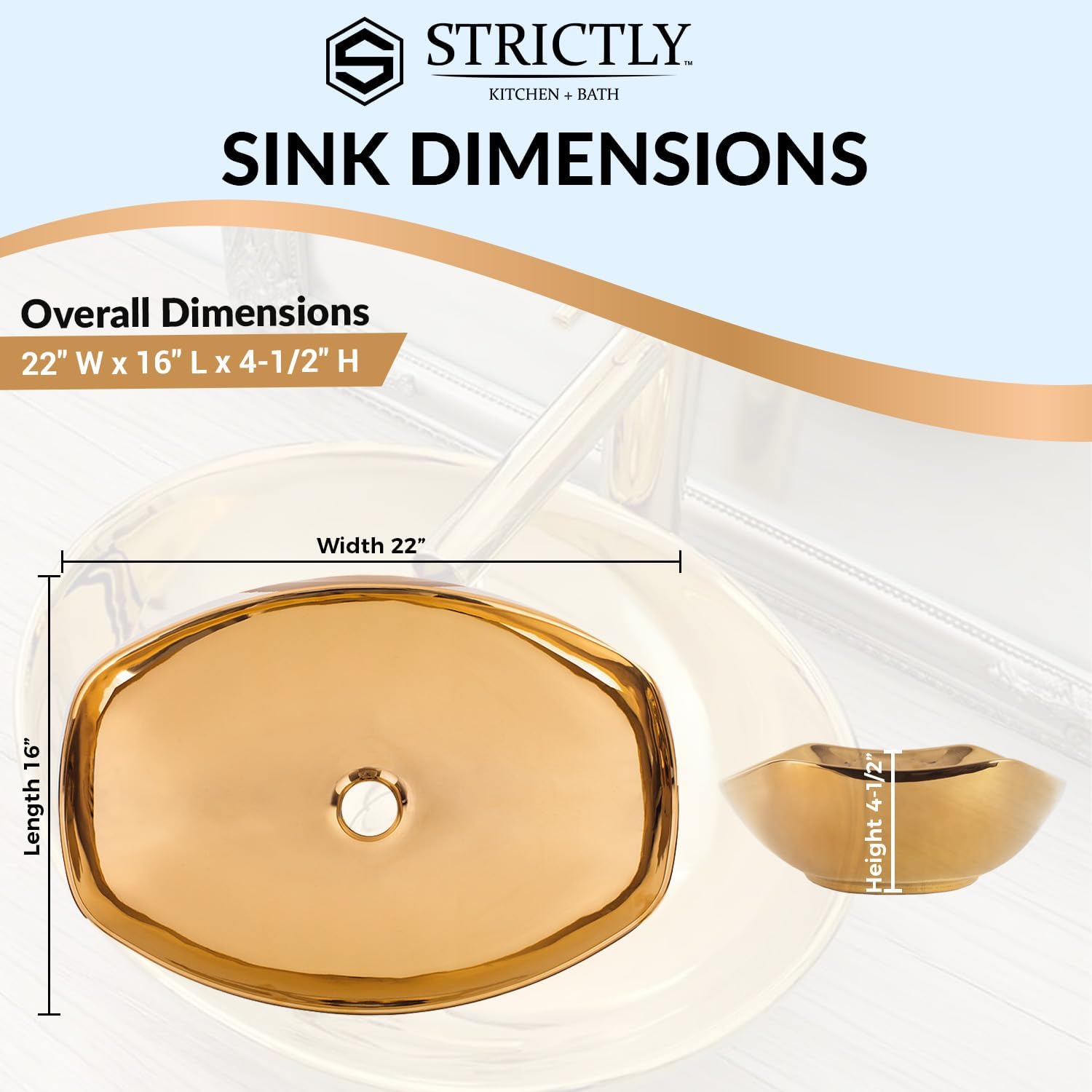Strictly Sinks 22 Inch Gold Vessel Sink – Gold Glossy Ceramic Countertop Bathroom Sink – Easy to Install Above Counter Luxurious Vessel Sink for Bathroom