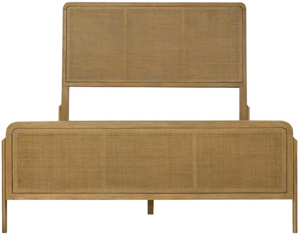 Pemberly Row 5-Piece Eastern King Bedroom Set, Sand Wash Finish, Wood and Natural Cane, Includes Bed, Nightstand, Dresser, Mirror, Chest, Mid-Century Modern Style, USB Ports, Jewelry Tray