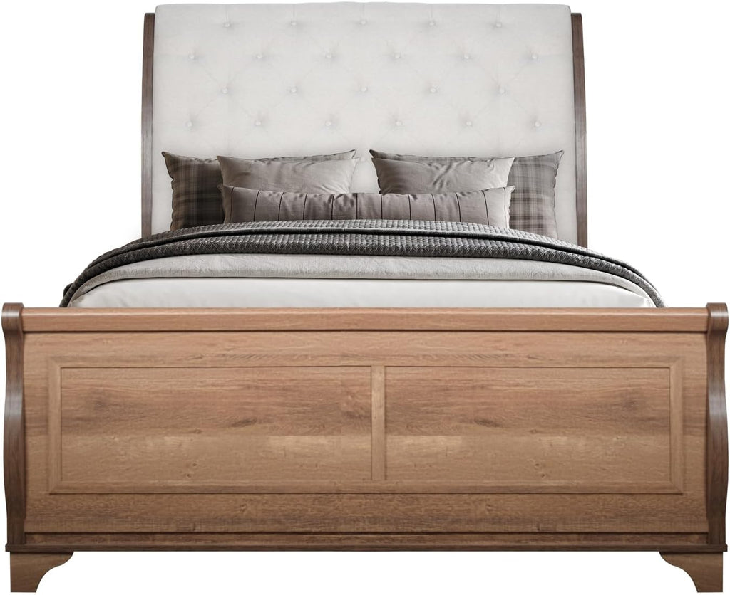 HomeStock 5-Piece Bedroom Set with Upholstered Bed in Pecan Finish - Includes Headboard, Footboard, Slat Kit, 2 Side Rails, Dresser, Mirror, 2 Nightstands California King