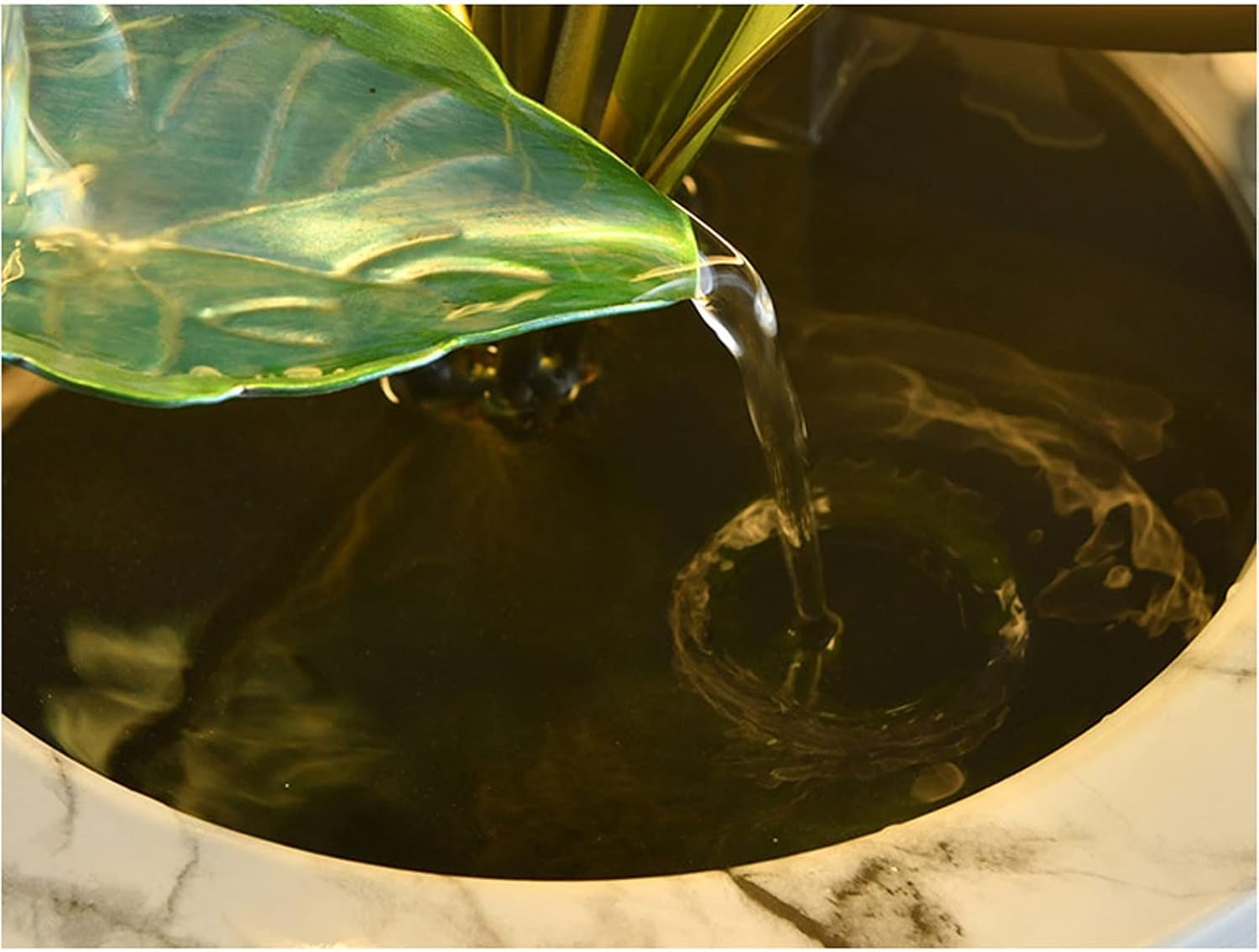 Tabletop Fountain Tabletop Fountains Indoor Lotus Leaf Relaxation Waterfall Decoration Fountain with Round Scene Light, L 11.8'×W 7.0'×H 15.3'