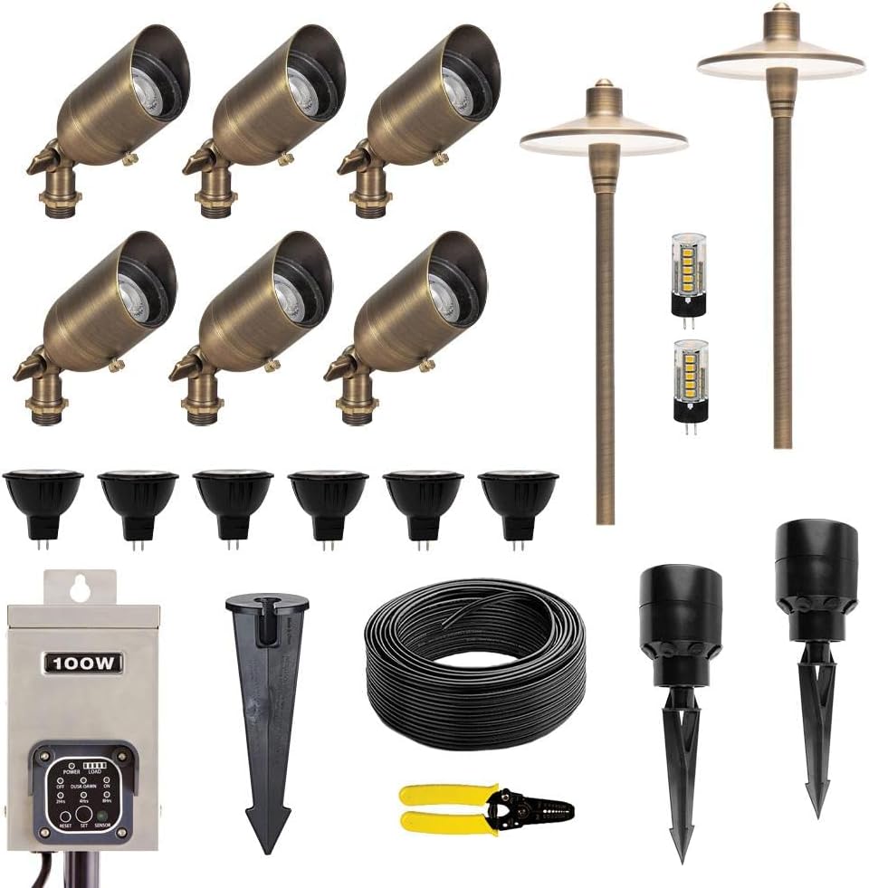 12V Brass LED Landscape Lighting Kit (6 Outdoor Spotlights, 2 Path Lights) with 100W Low Voltage Transformer for House, Yard, Lawn, Pathway, Walkway, Garden, Driveway or Patio