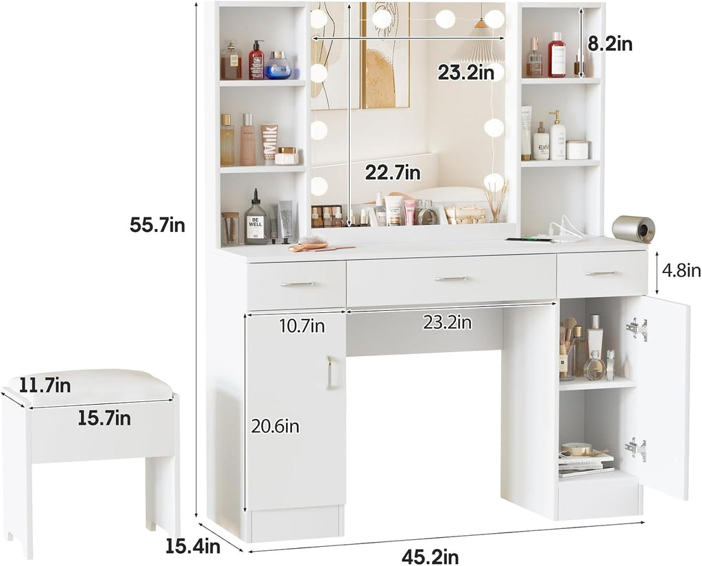 Vabches Makeup Vanity Table with Lighted Mirror & Power Strip, Large Vanity Set Vanity Desk with Storage Stool, 3 Lighting Modes, Brightness Adjustable, 45.2in(L)