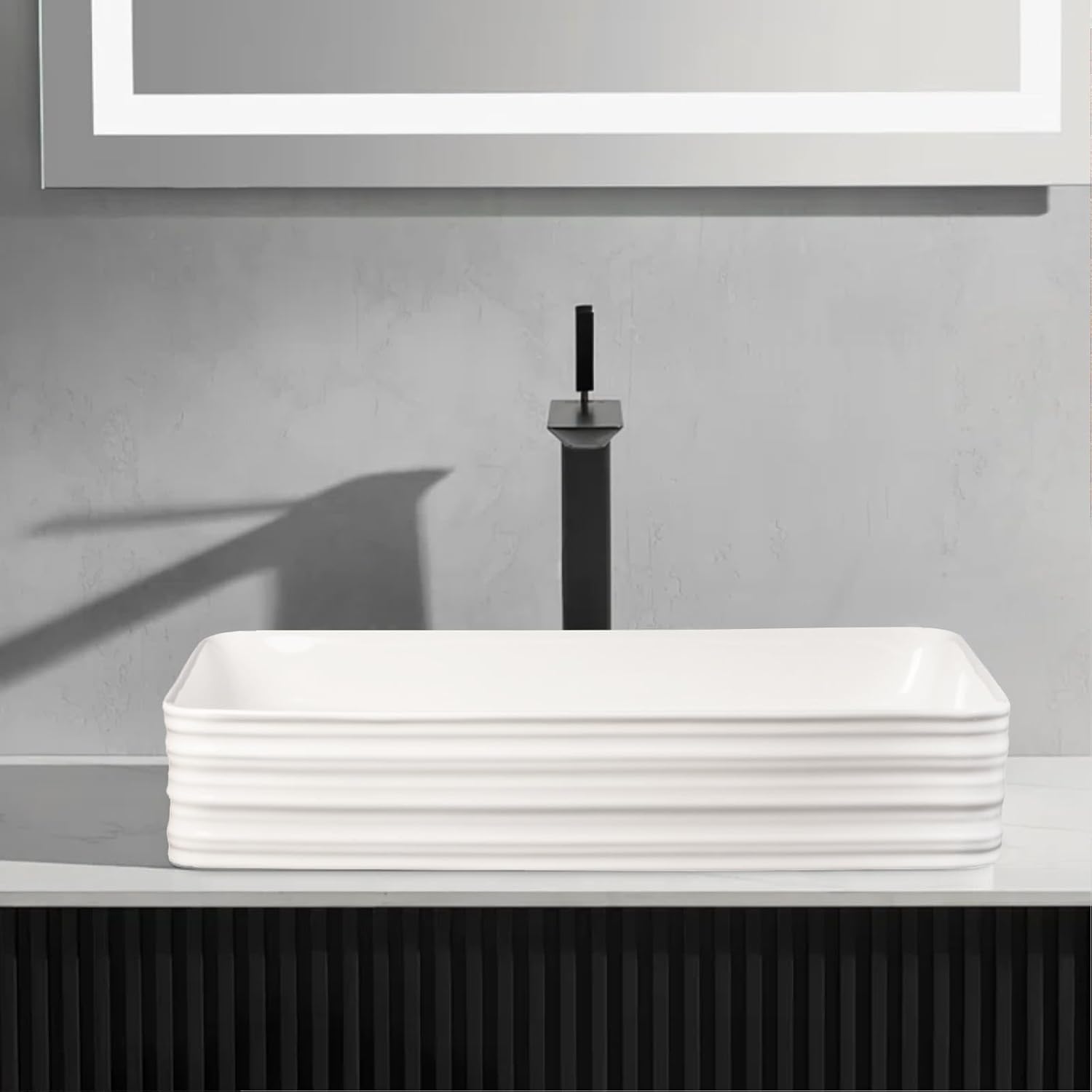 Strictly Sinks 19 Inch Bathroom Vessel Sink – Rectangular White Porcelain Ceramic Countertop Bathroom Sink – Easy to Install Above Counter Luxurious Vessel Sink for Bathroom (19-3/4″ W x 16″ L x 6″ H)