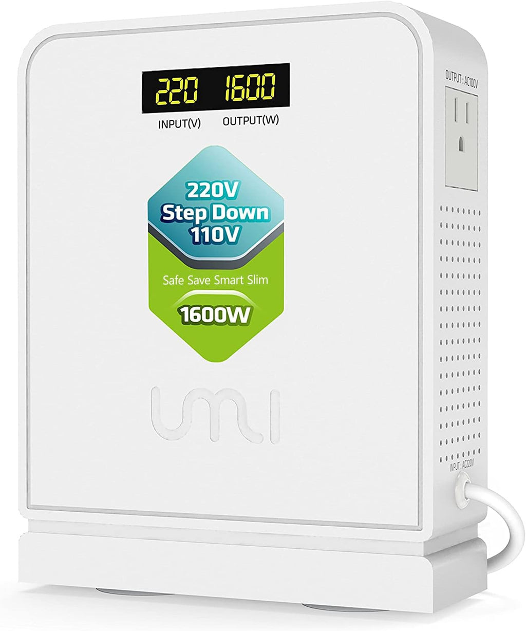 UMI 220V to 110V Voltage Power Converter Step Down Transformer 1600 Watts Capacity with 2 Output Voltages 110V and 100V, White