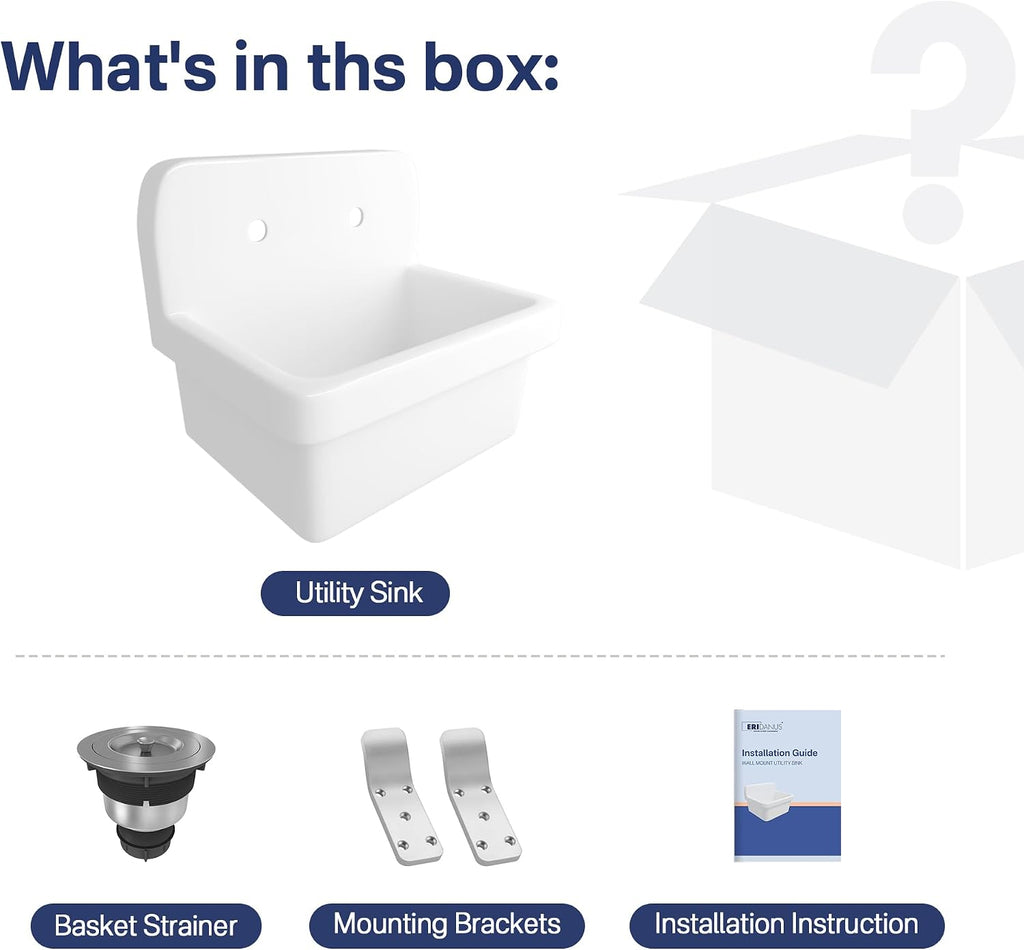 Eridanus 21 Inch Utility Sink, Wall Mounted Farmhouse Bathroom Sink, Modern Laundry Sinks Above Counter, 21' x 16' x 18.5' Floating Porcelain Ceramic Tub High Back for Garage, Washing Room, Kitchen